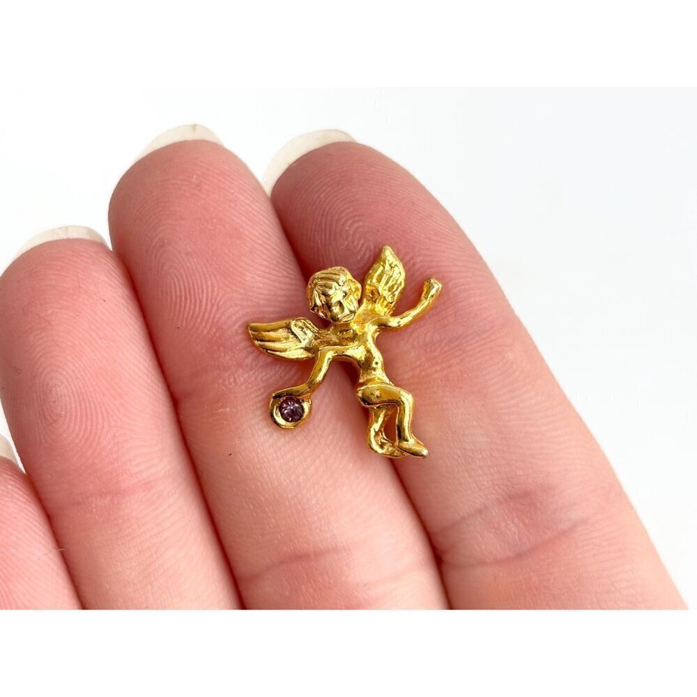 Teeny Tiny Cherub Gold T Purple Rhinestone Angel Figural Vintage Religious Pin - Picture 4 of 10
